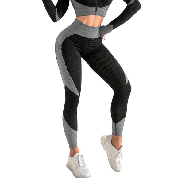 Silver & Black High-Waisted Activewear Set Leggings - Picture 1 of 3